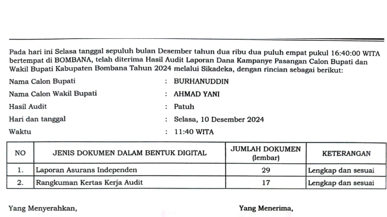 Foto: Tanda Terima Laporan Hasil Audit Dana Kampanye Paslon BERAN1 oleh KAP. (sumber: istimewa)