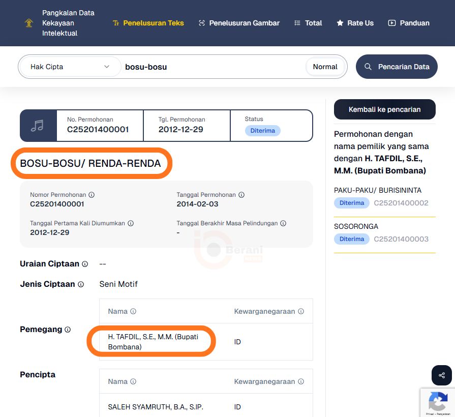 Bom Waktu Burisininta, Sosoronga, dan Bosu-Bosu Terhadap Motif Kontemporer Rapa Dara 5 Sertifikat HaKI Bosu-Bosu Renda-Renda