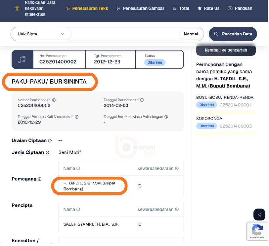 Bom Waktu Burisininta, Sosoronga, dan Bosu-Bosu Terhadap Motif Kontemporer Rapa Dara 3 Sertifikat HaKI Burisininta - Paku-paku