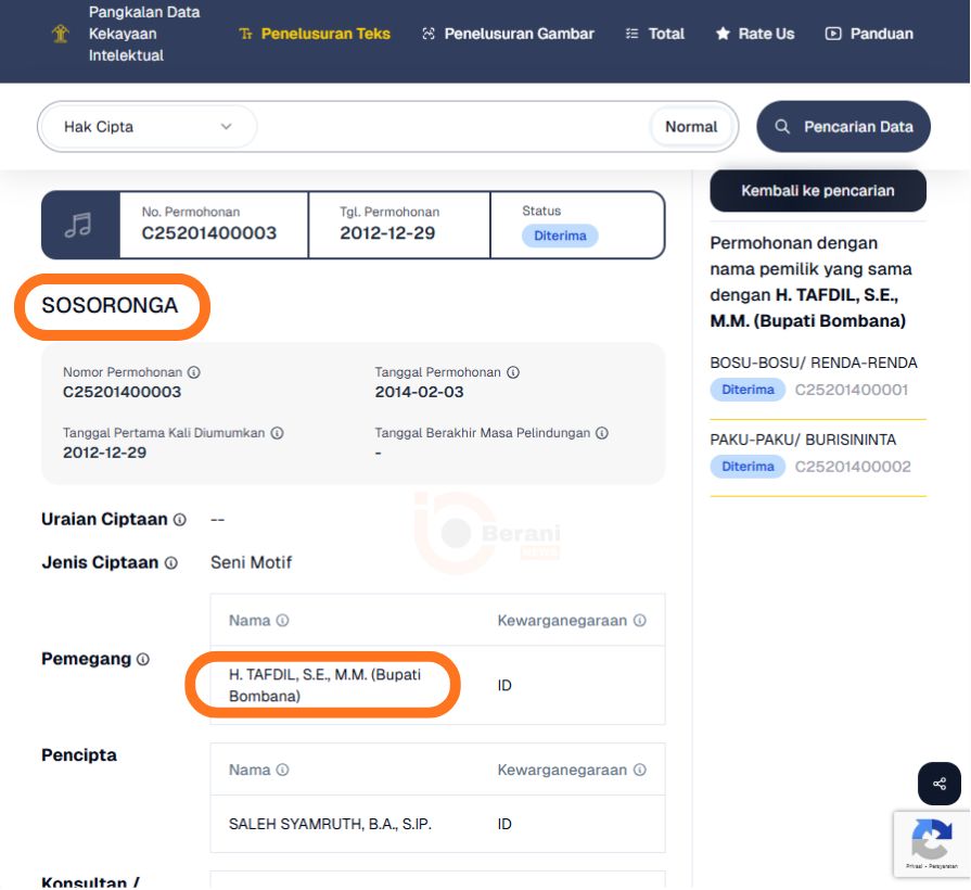 Bom Waktu Burisininta, Sosoronga, dan Bosu-Bosu Terhadap Motif Kontemporer Rapa Dara 4 Sertifikat HaKI Sosoronga