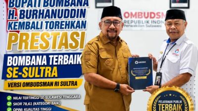 Bupati Bombana H. Burhanuddin Kembali Torehkan Prestasi, Bombana Terbaik Se-Sultra Versi Ombudsman RI