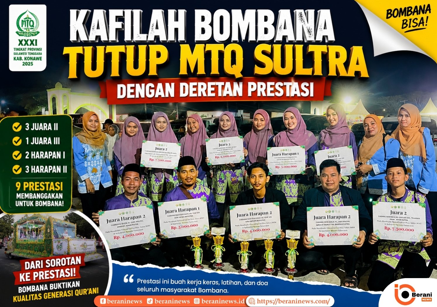 Di Tengah Sorotan Mobil Hias Kafilah Bombana Justru Pulang Membawa Prestasi di MTQ Sultra