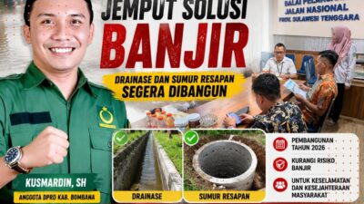 Kusmardin Kawal Penanganan Banjir Poleang Barat, Drainase dan Sumur Resapan Dipastikan Dibangun Tahun Ini